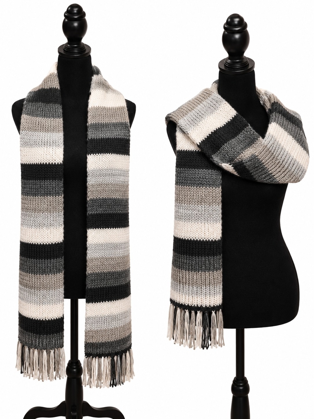 Black, Gray & Ivory Striped Chunky Knit Scarf with Fringe